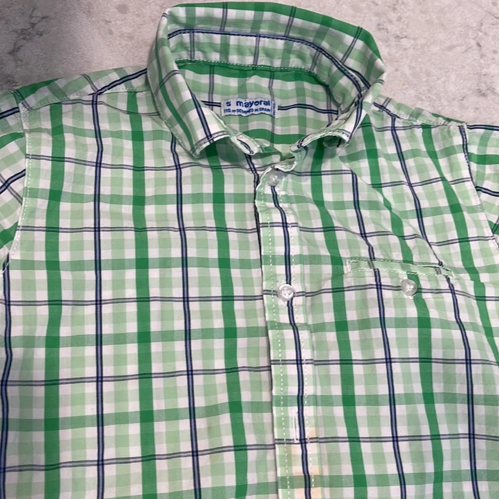 Mayoral Green blue and white Plaid button down ,size 5
